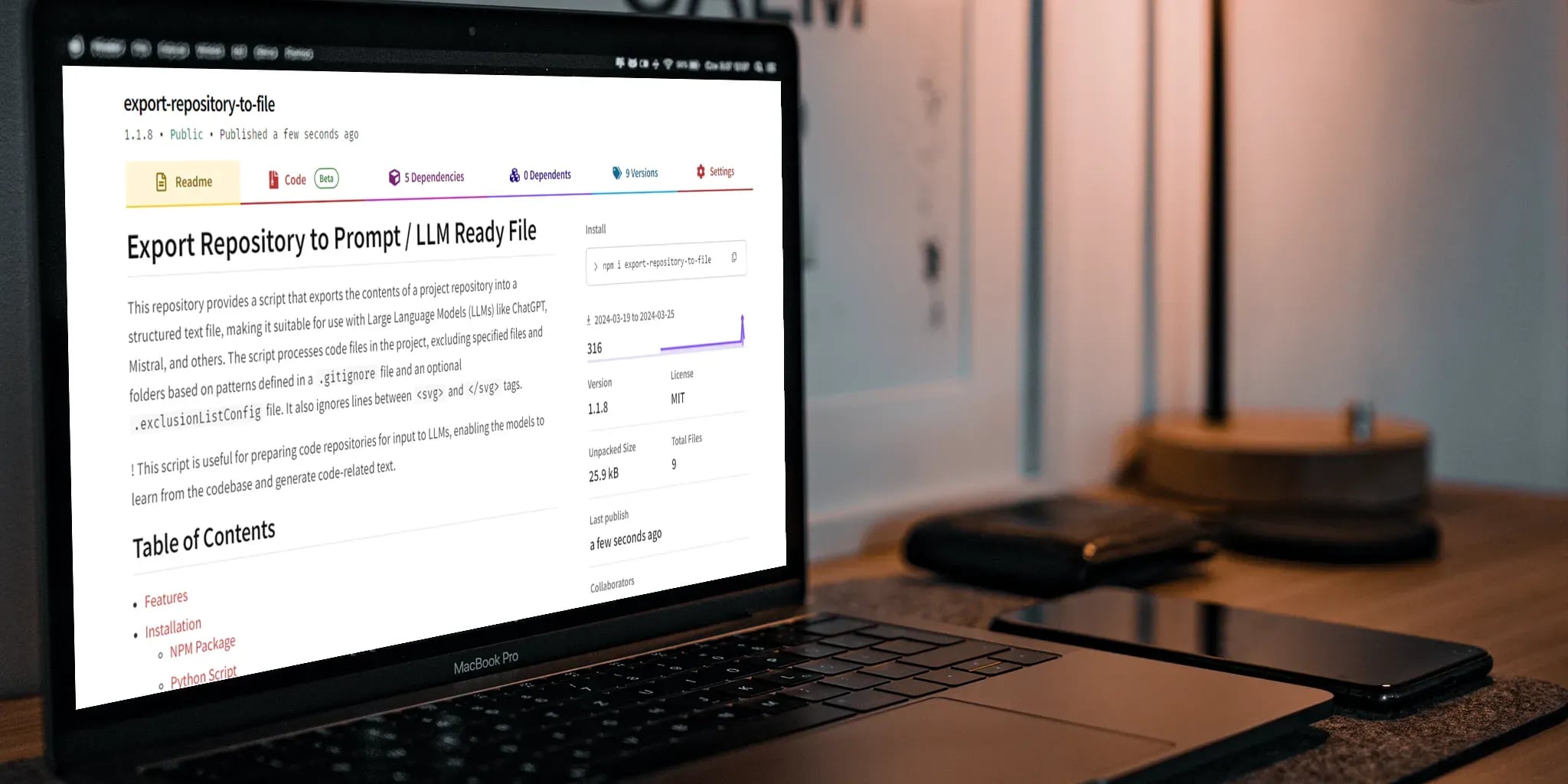 Close-up view of an open laptop displaying a software repository page titled 'export-repository-to-file' on a wooden desk with a smartphone and lamp in the background.